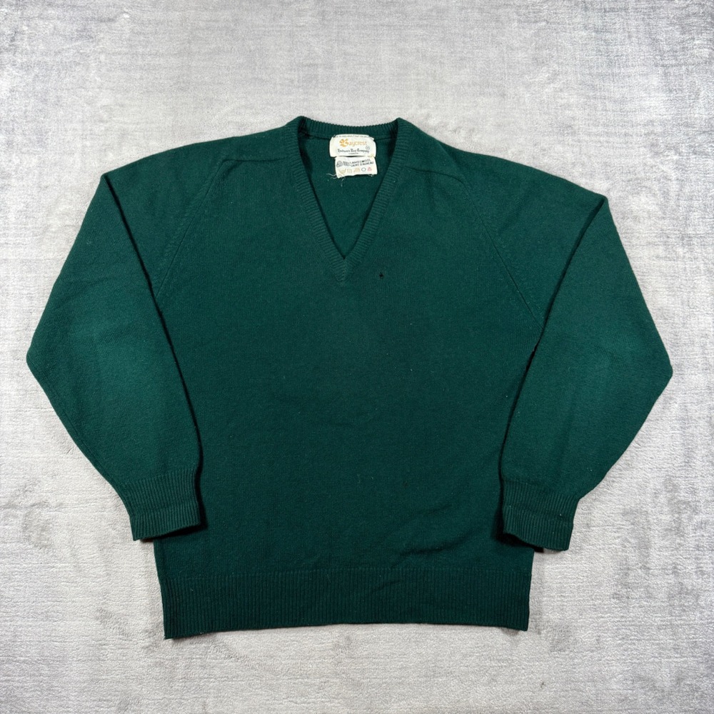 Baycrest Sweater Mens Medium Green V Neck Vintage 70s Lambswool Hudson's Bay